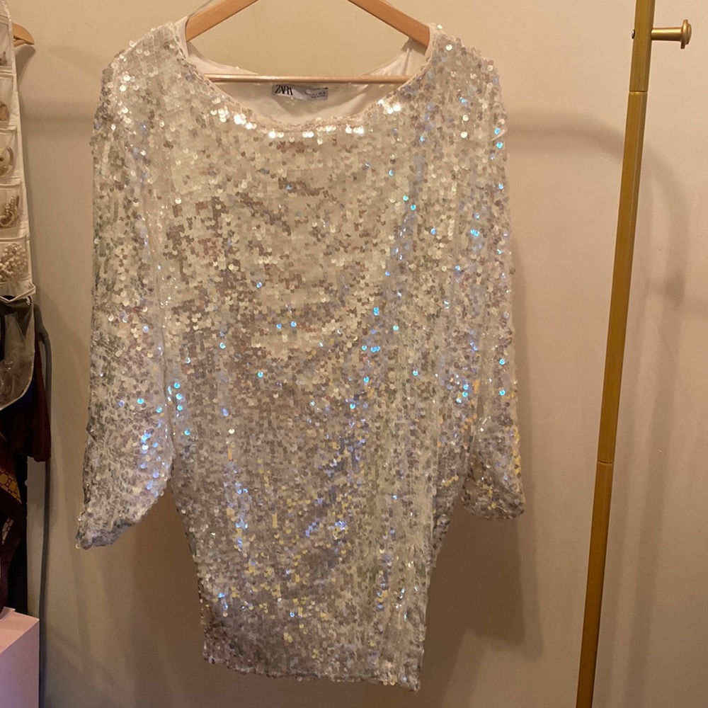 Zara white sequins off the shoulder mini dress